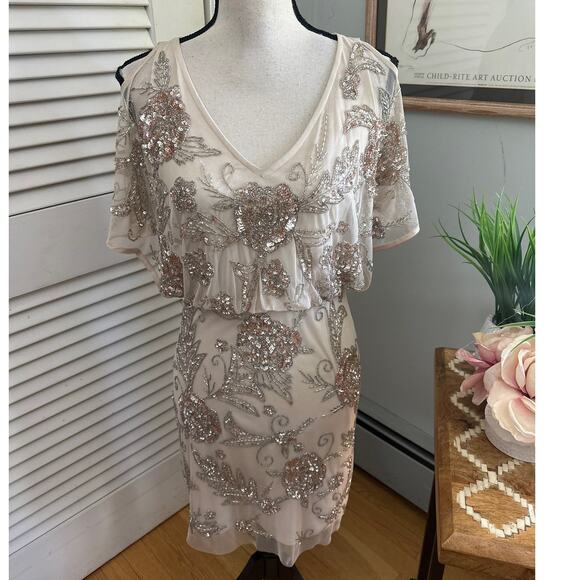 AIDAN MATTOX Womens Dress 4 Beige Beaded Sequins Cocktail Evening Wedding Formal - Picture 1 of 9